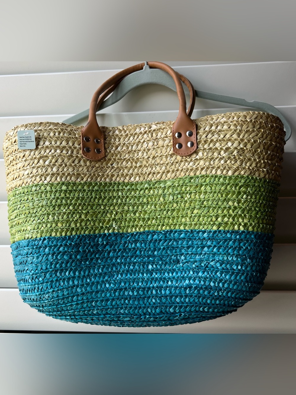 DesignPac Gifts Striped Woven Tote Bag in Blue, Green & Natural with Tan Handles